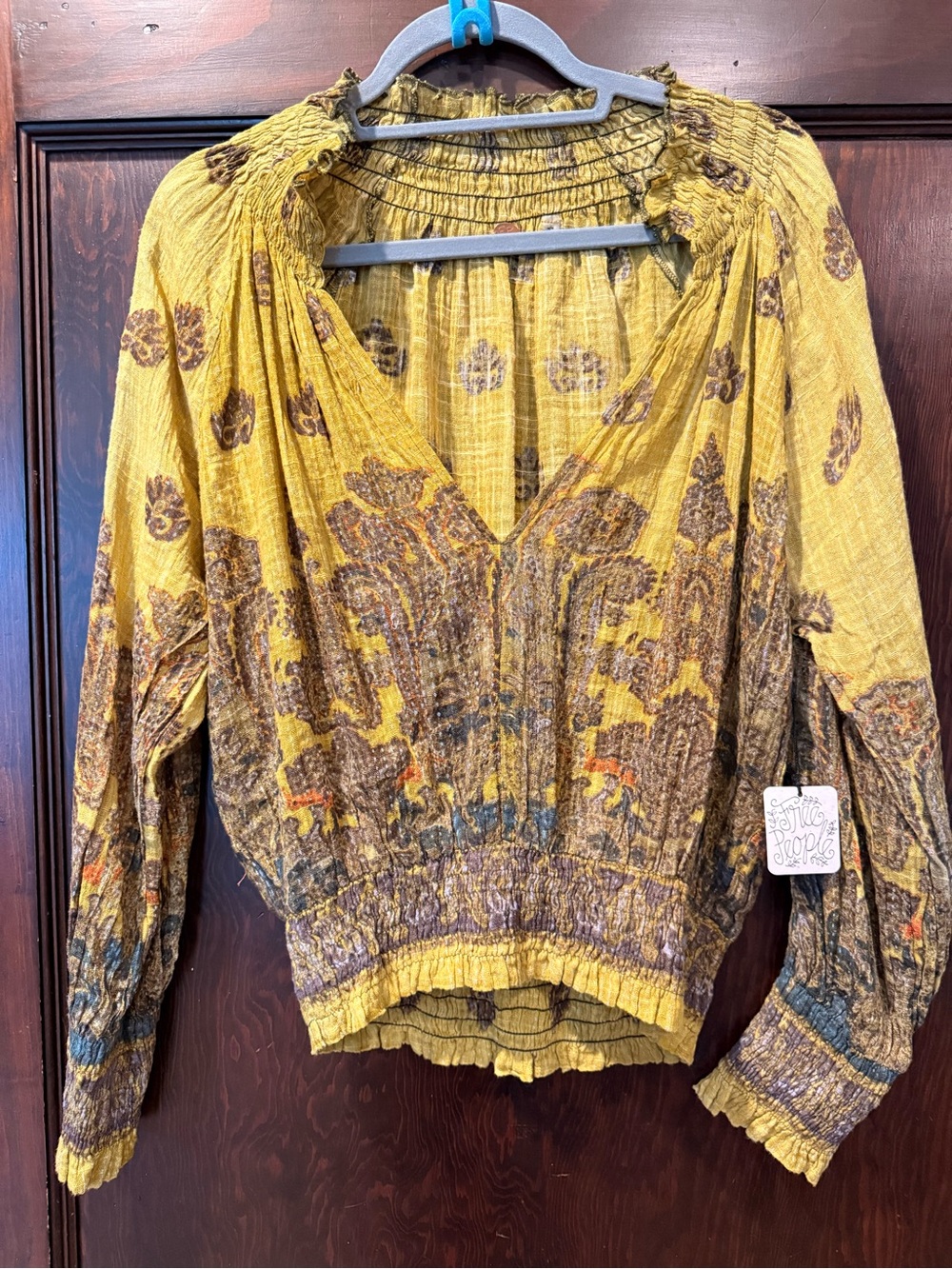 Free People Mustard Yellow Paisley Smocked V-Neck Blouse